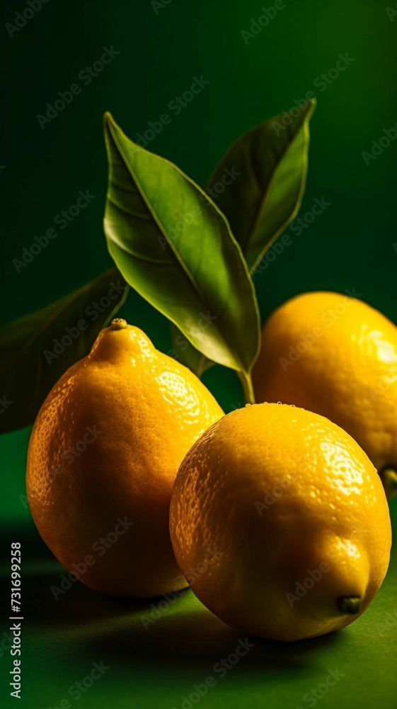 AI generated illustration of fresh lemons with green leaves on a green background