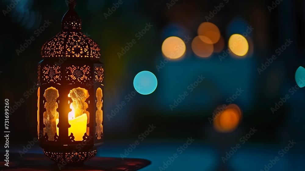 Traditional Arabic lantern lit up for celebrating holy month of Ramadan. Bokeh lights surrounding Ramadan concept Traditional Arabic lantern lit up for celebrating holy month of Ramadan. Bokeh lights surrounding Ramadan concept