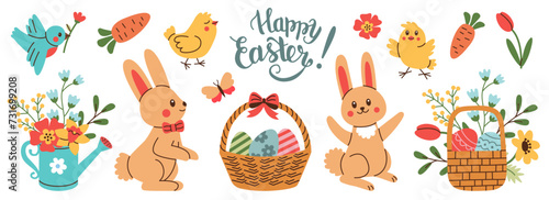 Set of Easter and Spring design elements. Rabbit, eggs, chicken, butterfly, tulips, flowers, branches, basket.