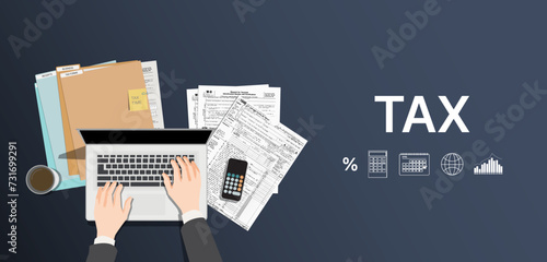 Concept tax payment. Data analysis, paperwork, financial research report and calculation of tax return. tax background vector.