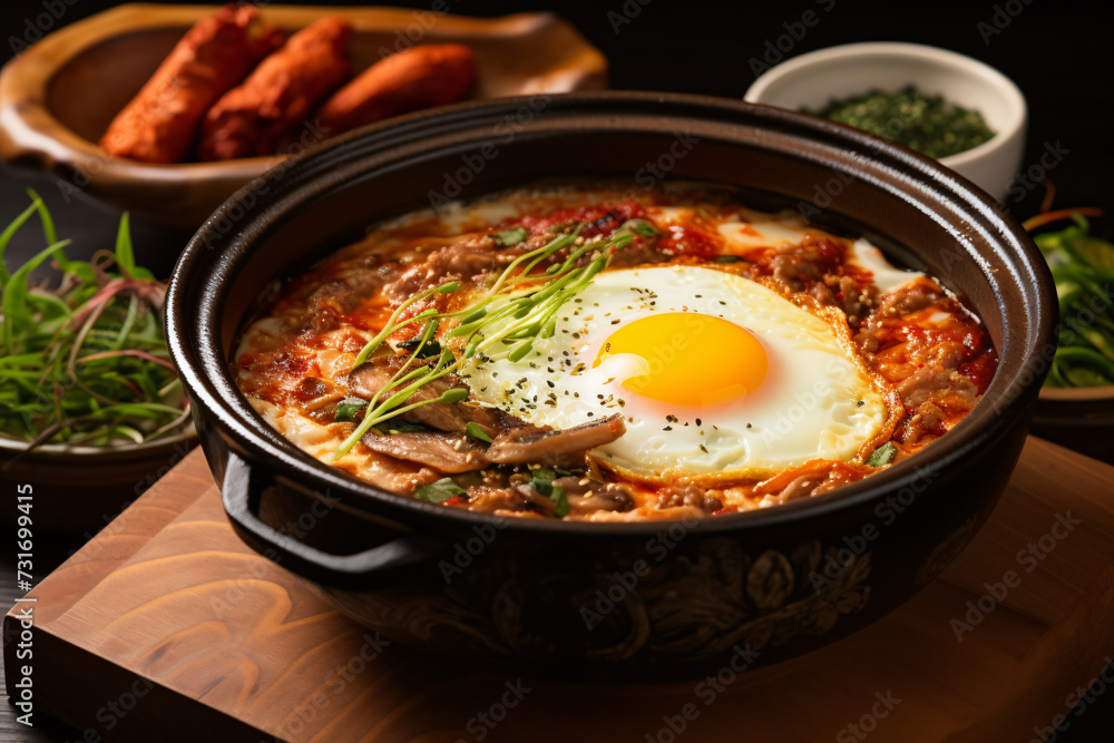Korean hot pot in a pan with fried egg