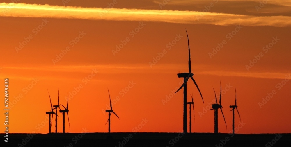 Obraz premium Stunning sunrise illuminates a landscape featuring a line of windmills near a coastal area