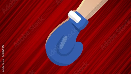 Flying boxing glove on red background. Looped animation of punching glove. Moving glove on dynamic abstract background. A heavily padded mitten in motion. Anime style drawing of fighting glove.