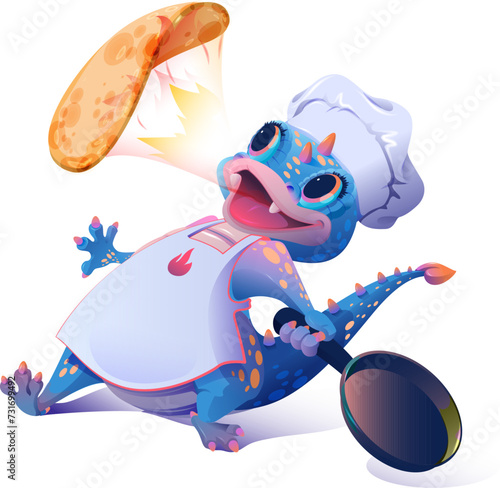 Cute blue dragon chef cooking pancakes fiery breath. Maslenitsa carnival Shrovetide holiday