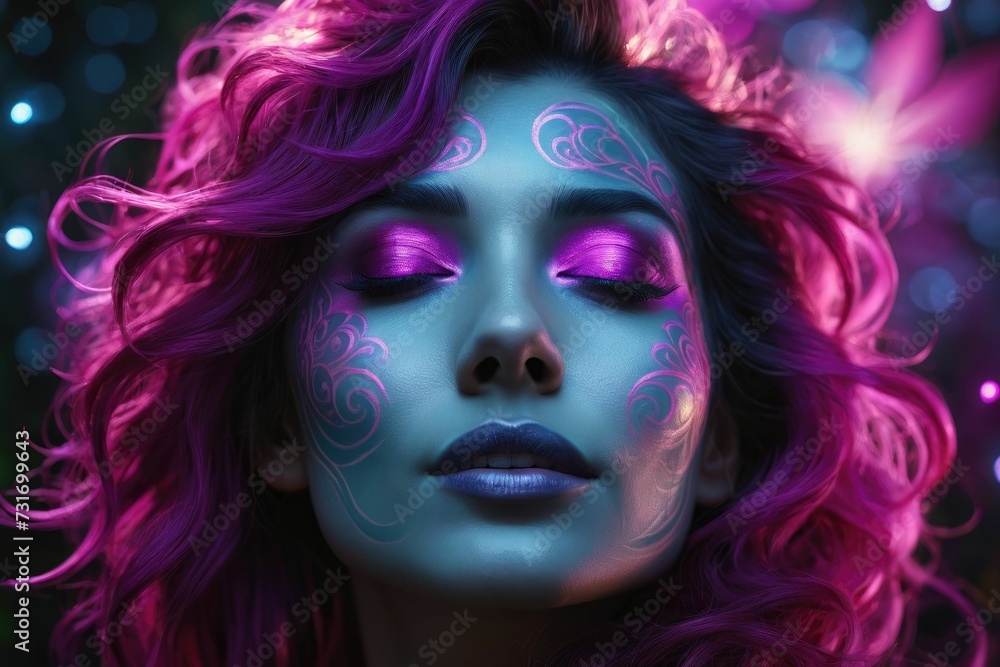 AI generated illustration of a young woman with purple hair and vibrant makeup