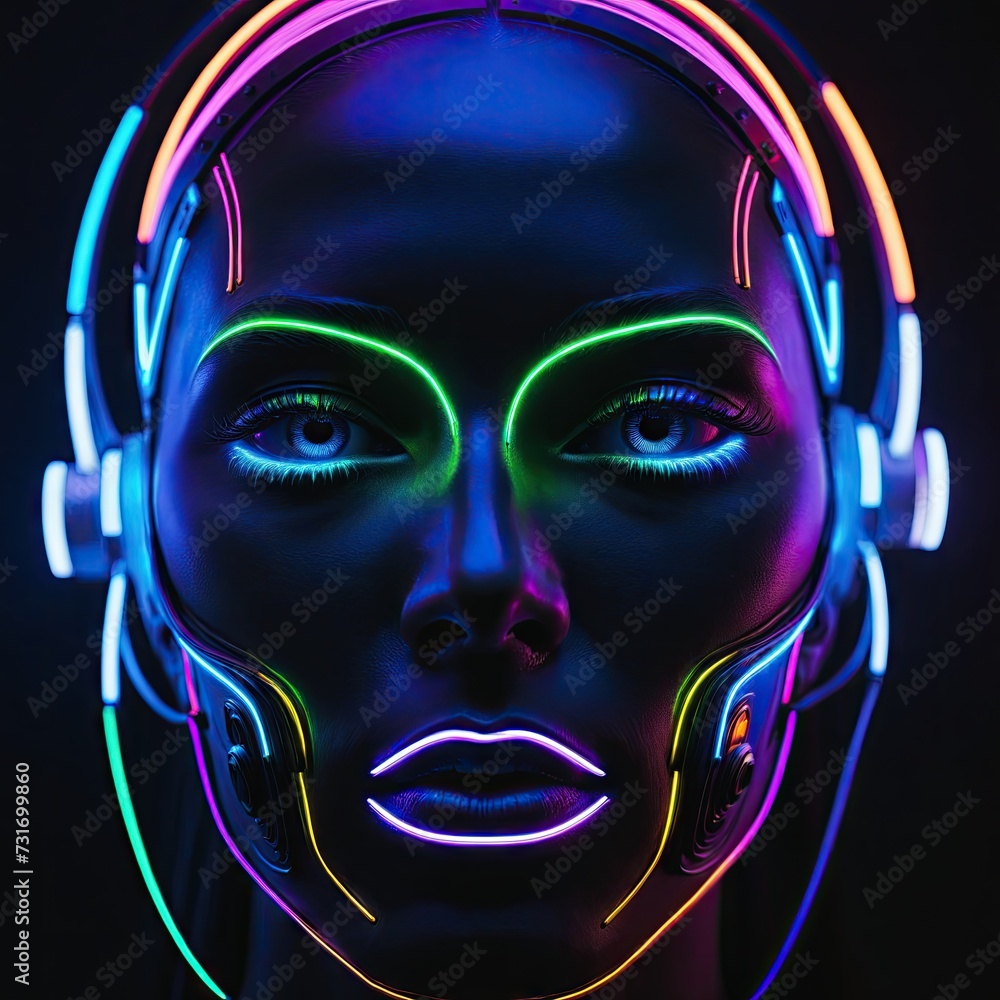 AI generated illustration of a cybernetic female face in neon lights AI generated illustration of a cybernetic female face in neon lights