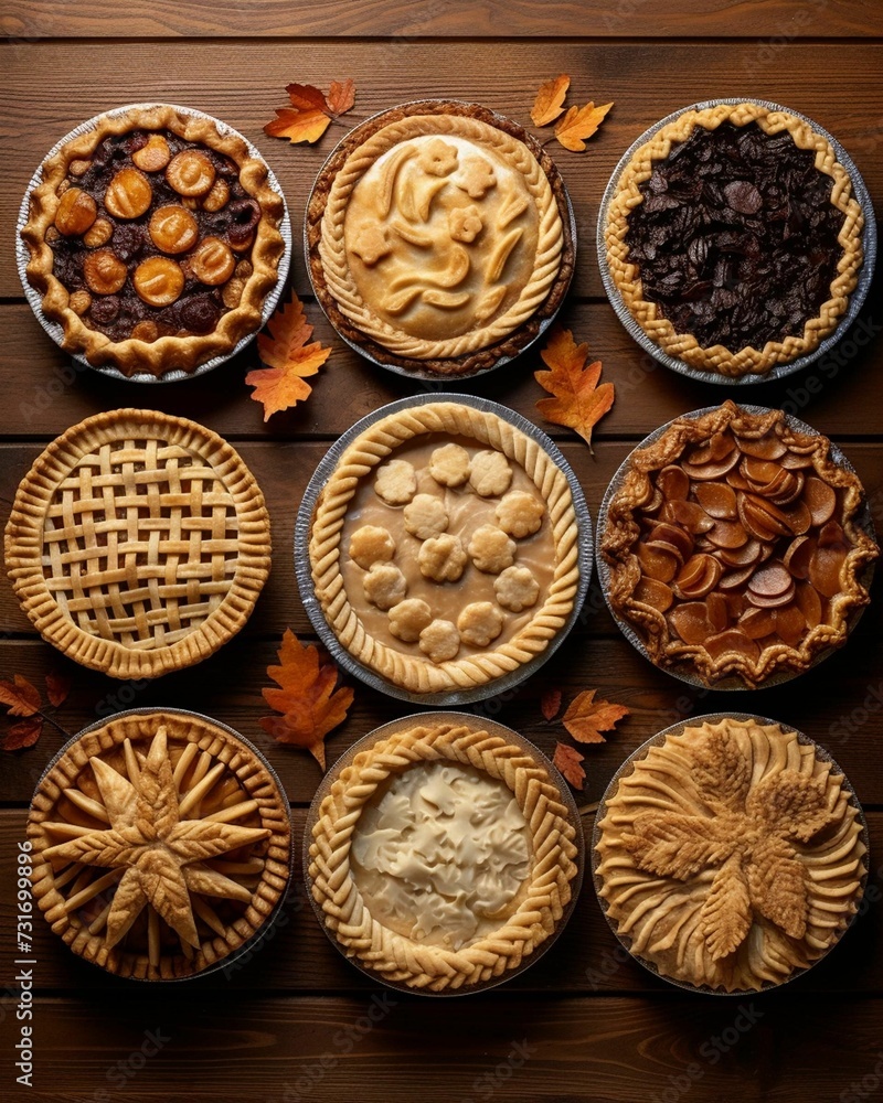 AI-generated illustration of nine freshly baked pies arranged in metal tins AI-generated illustration of nine freshly baked pies arranged in metal tins