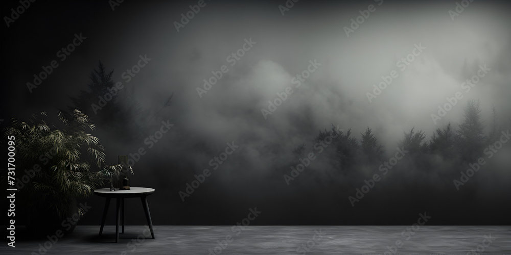 3D product display. Dark screen. 3D rendering. Empty wooden table in front of a dark wall with smoke. Mock up. - obrazy, fototapety, plakaty 