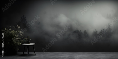 3D product display. Dark screen. 3D rendering. Empty wooden table in front of a dark wall with smoke. Mock up.