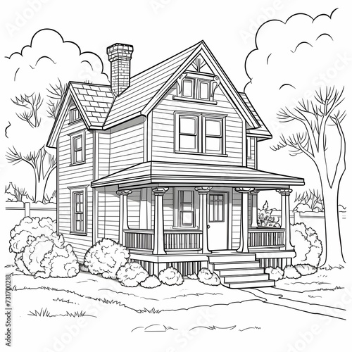 AI generated illustration of a family-friendly coloring page featuring a small house