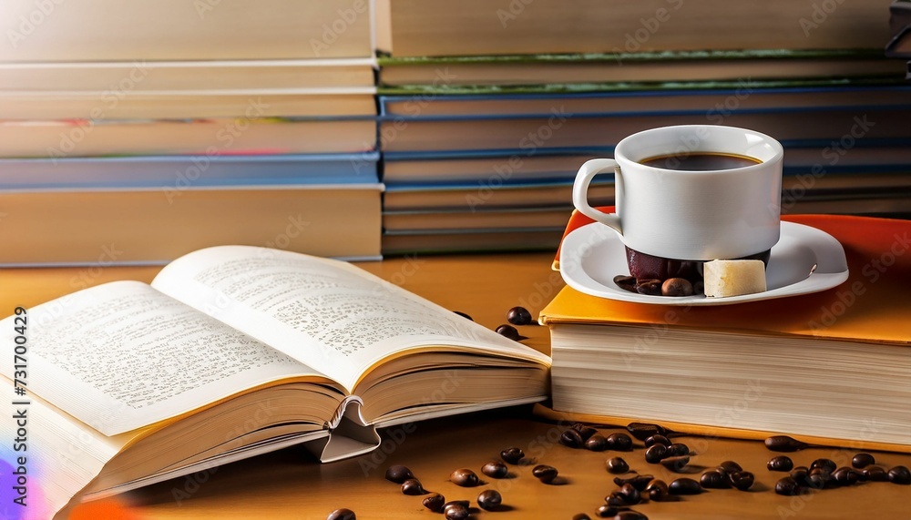 Naklejka premium AI generated cup of coffee near books