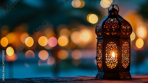 Traditional Arabic lantern lit up for celebrating holy month of Ramadan. Bokeh lights surrounding Ramadan concept