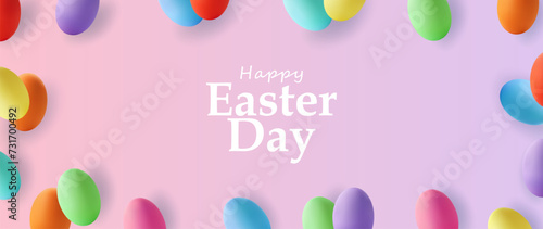 Vector Easter card with colorful realistic Easter eggs. Easter poster, banner, cover design.