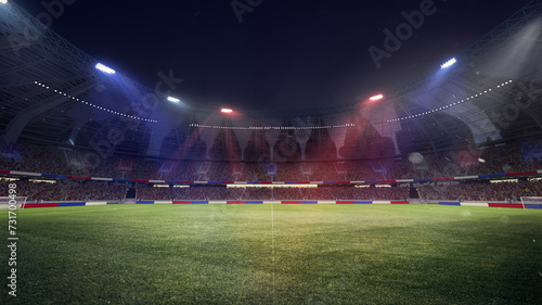 Empty soccer stadium with spotlight and fan tribune with France flag attributes. 3D render. Football team of France taking part in game. Concept of live sport events, tournament, championship