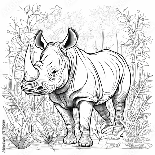 AI generated illustration of a black and white coloring book page of a rhino in a forest