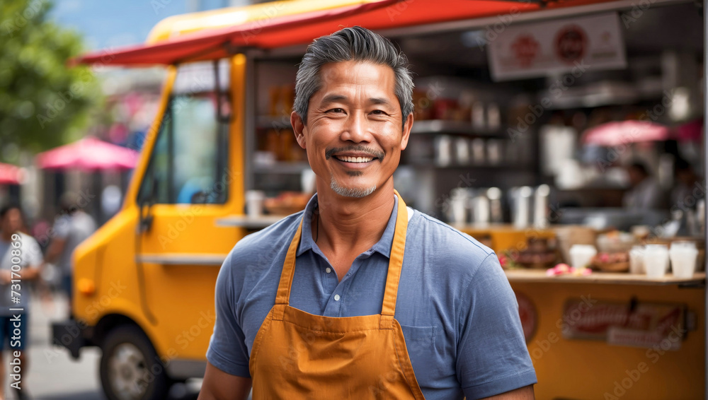 Smiling Male Food Truck Owner Welcoming Customers in Urban Street
