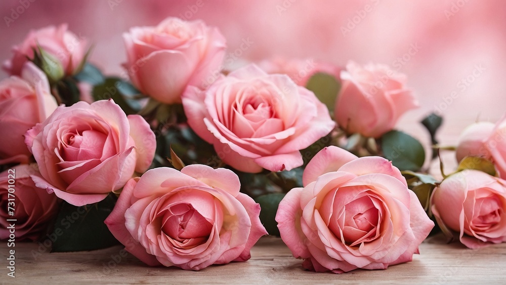 Bouquet of pink roses on a wooden background