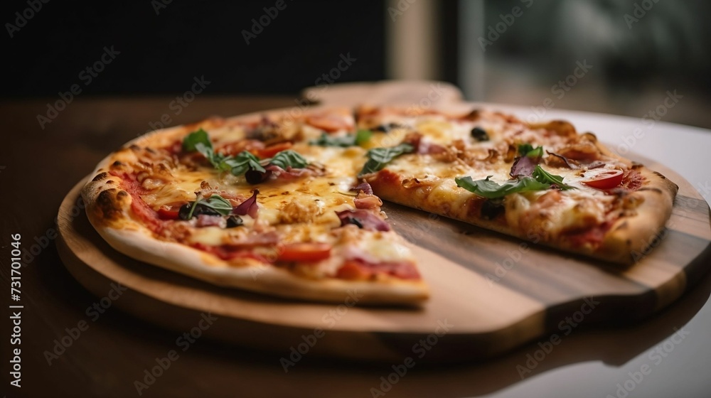 AI-generated illustration of a freshly-prepared pizza on a wooden cutting board.