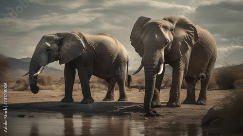 AI-generated illustration of two African elephants standing peacefully on a bank of a river. © Wirestock