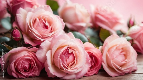 Bouquet of pink roses on a wooden background
