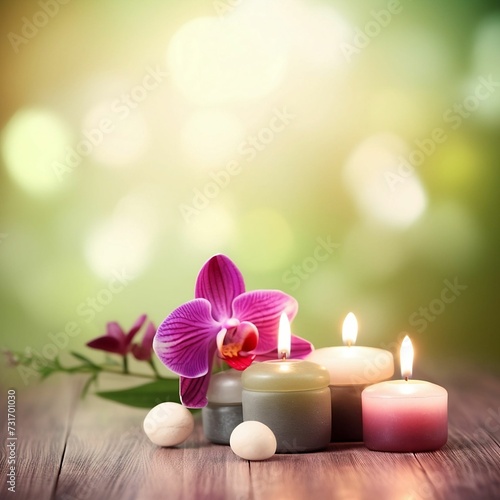 AI generated illustration of a set of three burning candles surrounded by orchid petals