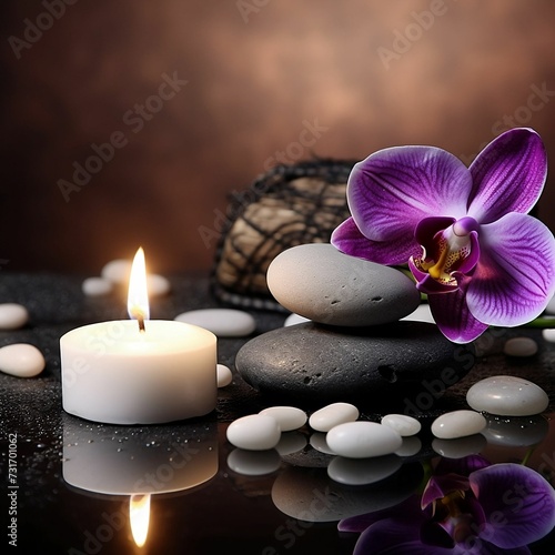 AI generated illustration of a wooden table with purple orchid surrounded by stones and lit candles