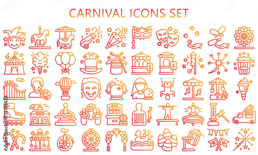 PrintCarnival gradient outline icon set. contain carousel, confetti, mask, magician hat, fireworks and more. best for UI or UX kit, web and app development. vector EPS 10. PrintCarnival gradient outline icon set. contain carousel, confetti, mask, magician hat, fireworks and more. best for UI or UX kit, web and app development. vector EPS 10.