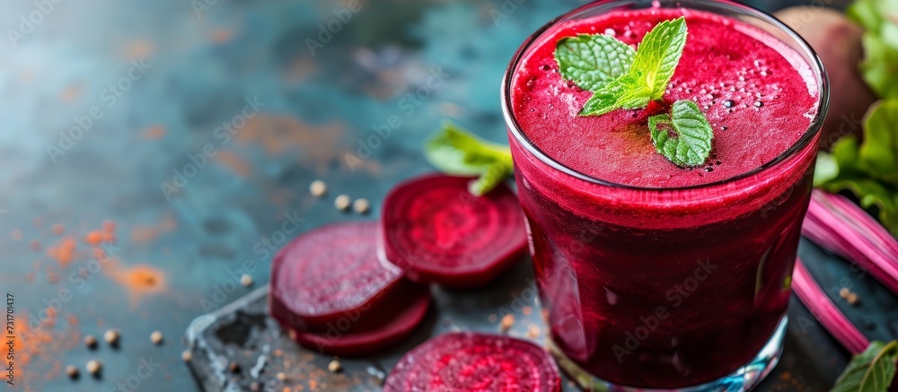 A close up of a glass of magenta beet juice, made from the liquid extract of the terrestrial plant, is placed on a table. A close up of a glass of magenta beet juice, made from the liquid extract of the terrestrial plant, is placed on a table.