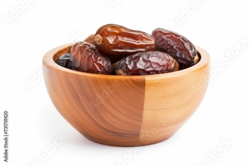 AI generated illustration of a wooden bowl filled with ripe dates on a white background
