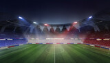 Aerial view of empty soccer field with spotlight and fan tribune with France flag attributes. 3D render. French football team. Concept of live sport events, tournament, championship, game
