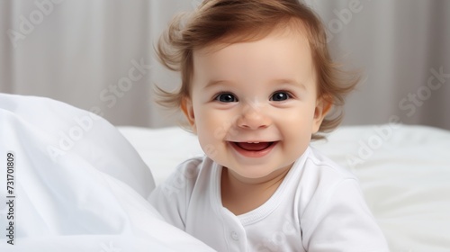 portrait of a little child, A healthy cheerful baby on a white background the child looks into the camera