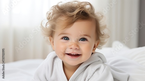 portrait of a little child, A healthy cheerful baby on a white background the child looks into the camera
