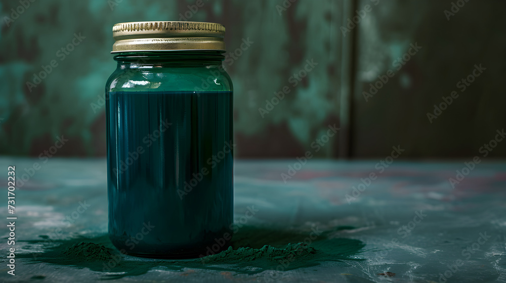 Green spirulina powder in a glass jar Green spirulina powder in a glass jar