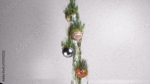3D animated view of a traditional Christmas garland, adorned with shiny baubles and rich greenery against a neutral background. photo