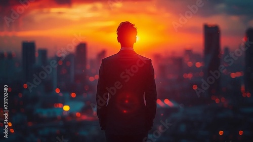 Silhouette of a businessman against the background of the setting sun and the city