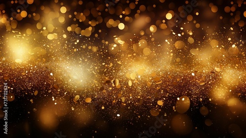 AI generated illustration of a gold glitter background with golden sparkles and bokeh lights