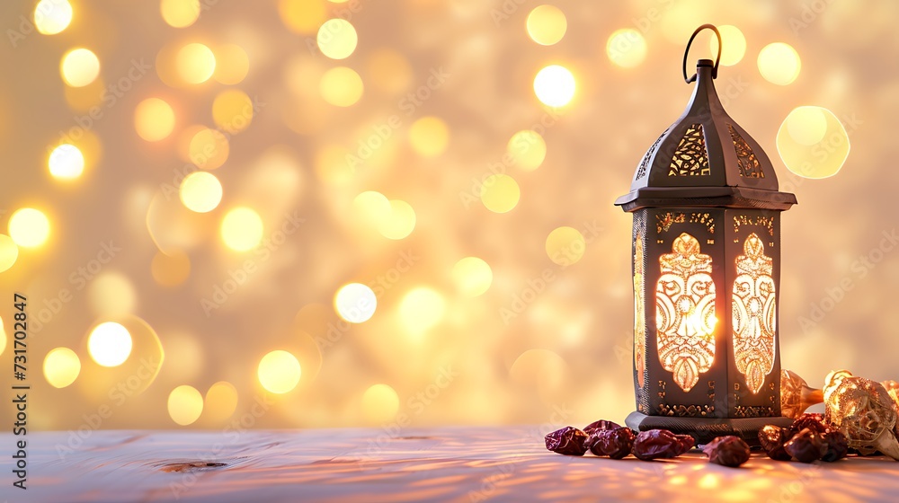 Ramadan and Eid concept light cream color new background with dates and arabic traditional lantern Ramadan and Eid concept light cream color new background with dates and arabic traditional lantern