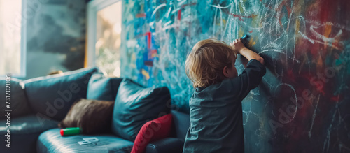 un enfant en train de dessiner sur le mur du salon avec un feutre photo