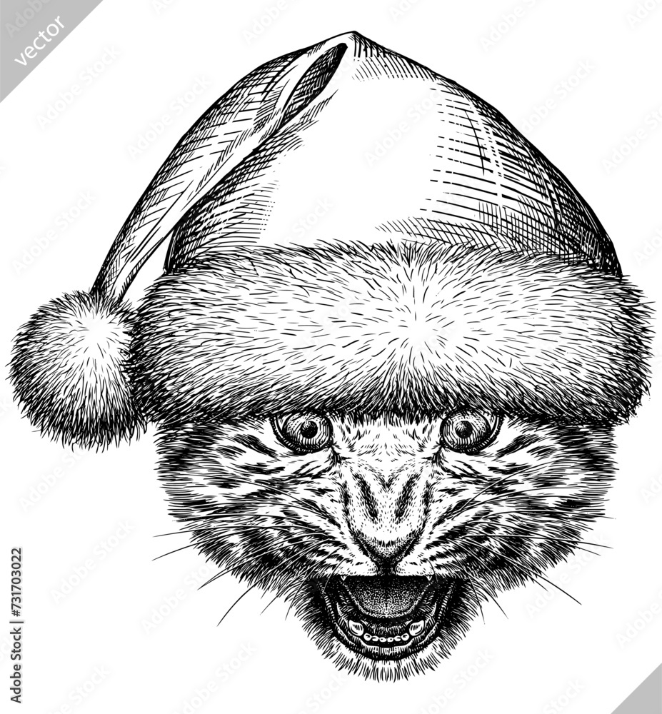 Obraz premium Vintage engraving isolated leopard set panther dressed christmas illustration ink santa costume sketch. Africa wild cat cheetah background jaguar animal silhouette new year hat art. Vector image