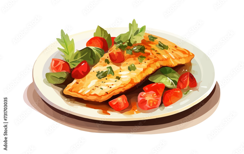 Fish fillet with vegetables on a white plate isolated vector style illustration Fish fillet with vegetables on a white plate isolated vector style illustration