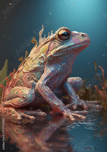 AI generated illustration of a large frog in a pond, looking up towards the sky with bulging eyes