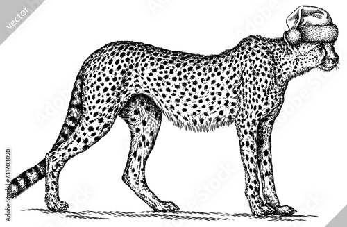 Vintage engraving isolated leopard set panther dressed christmas illustration ink santa costume sketch. Africa wild cat cheetah background jaguar animal silhouette new year hat art. Vector image