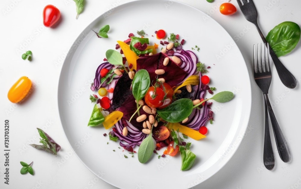 AI-generated illustration of a plate of vegetable salad with beans and fresh tomatoes on the table AI-generated illustration of a plate of vegetable salad with beans and fresh tomatoes on the table