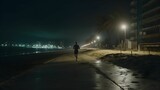 AI generated illustration of a man running on the lit boardwalk of a beach at night