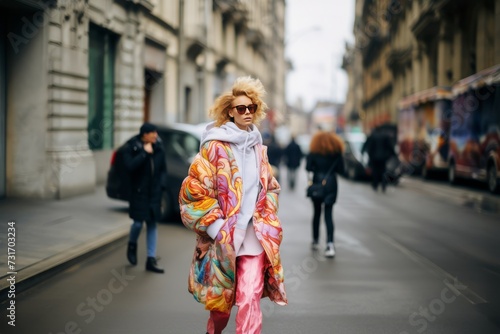 A young female wearing a colorful outfit while striding along a city street.