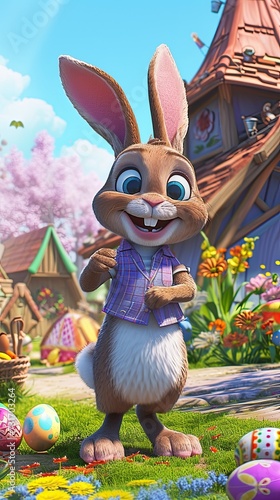 The Easter bunny, dressed in clothes, is situated in a fairytale city surrounded by flowers and Easter eggs. Processed by human hands. Generated by AI