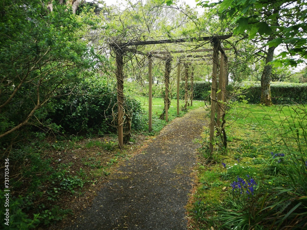 Idyllic pathway with a wooden arch in the middle, surrounded by lush greenery
