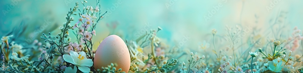 Colorful Easter eggs on a beautiful background among flowers and branches. Space for text.  Handled by human hands. Generated by AI - obrazy, fototapety, plakaty 