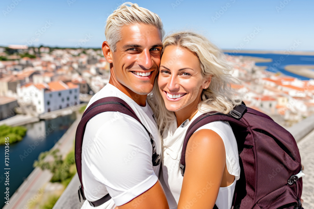 Obraz premium Selfies of people on a trip. People smiling while traveling