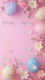 Easter eggs of various colors are displayed on a multicolored background with flowers. There is space available for text. Processed by human hands. Generated by AI
